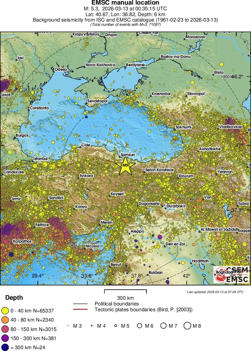 EMSC Geniş Bant Sismisisite Haritası 1961–2026 — Tokat Mw 5.3 çevresi