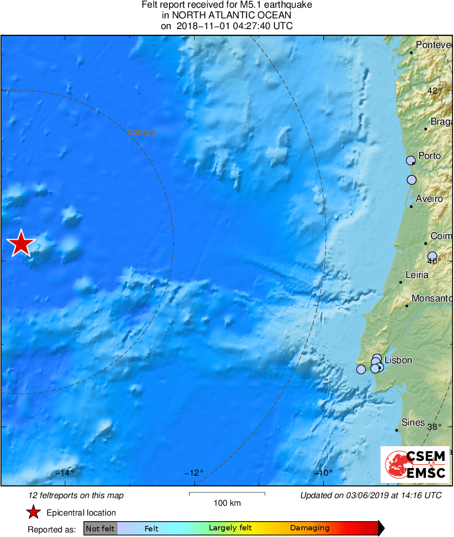 North Atlantic Ocean Earthquake Intensity Map